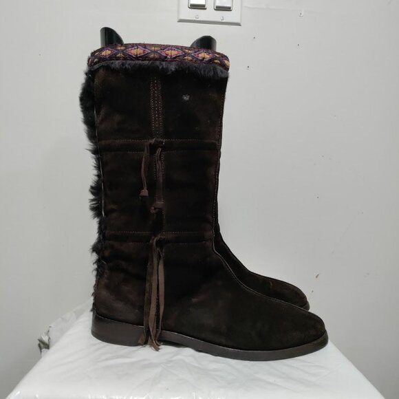Jimmy Choo Suede Festival Rabbit Fur Boho Aztec Trim Boots Chocolate Women's 9 - Picture 7 of 16